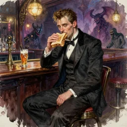 matte painting character illustration of john constantine sitting down on a barstool at a dive bar in london eating a sandwich, digital painting, illustration, constantine, john singer sargent, amazing values, 8 k, magical creatures in the background, watercolor texture, gothic, octane render,