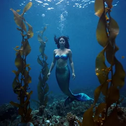 analog photograph of underwater ruins with a mermaid and kelp, deep azure tones, film grain, color bleed, bokeh, depth of field