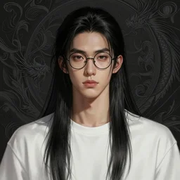 gorgeous!!! hyper - realistic young man with straight long black hair, round glasses, wearing a white t - shirt | drawn by wlop, drawn by jeehyung lee, drawn by artgerm | fantasy, dark, intricate, highly detailed, digital painting, character design, concept art, illustration, artstation