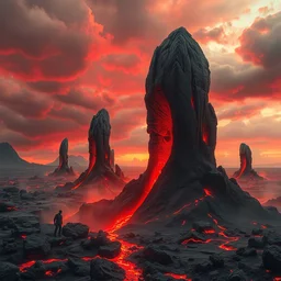 a red sky and molten ground landscape, easter island heads are sinking in to the ground crumbling and seems to be fighting a storm or volcano, digital art