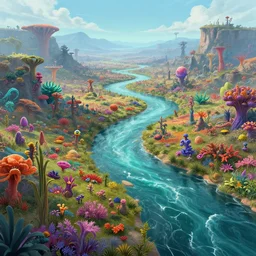 digital illustration of a singular river flowing through a vibrant alien landscape, art by Steven Belledin, Beeple, and Caspar David Friedrich, colorful alien flora, wide angle, panoramic, fantasy, 8k resolution, deviantart, trending on Artstation, concept art, Terragen, HDR, Octane