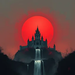 a painting of a dreadful red sun over a castle with a waterfall in front of it. digital painting, vertical, intricate, beautiful, detailed, grunge, sharp focus, abstract art by el lissitzky and artgerm and kandinsky and kuvshinov, trending on artstation. gradient darker to bottom