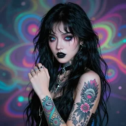 beautiful gothic girl with tattoo in psychedelic background, new wave, portrait, 8 k, digital art