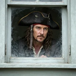 russell crowe wearing a pirate hat behind a dirty window staring out