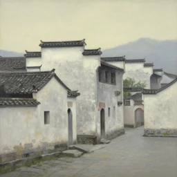 a painting of hongcun ancient village houses by edward hopper