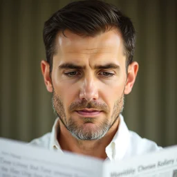 a close - up portrait of a man reading a paper