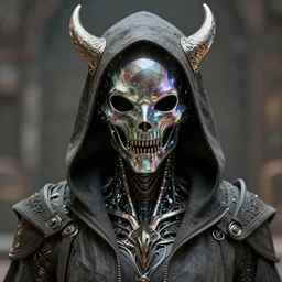 front shot of a ancient futuristic cyberpunk hooded dead biomechanical demon in dichroic glass mask mastermind character, intricate, elegant, highly detailed, centered depth of field. blurred background, (((artstation, concept art, smooth, sharp focus, artgerm, Tomasz Alen Kopera, Peter Mohrbacher, donato giancola, Joseph Christian Leyendecker, WLOP, Boris Vallejo))), octane render, unreal engine, 3d render, macro mugshot!!!!!, ugly!!!!!!, octane render, nvidia raytracing demo, grainy, muted