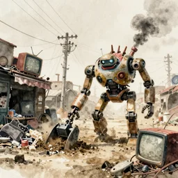 incredible screenshot, simple watercolor, soft bloom lighting, paper texture, movie scene, a robot mecha digs through trash in a deserted shinjuku junk town, old pawn shop, bright sun bleached ground, cyberpunk, animatronic, black smoke, pale  beige sky, junk tv, texture, strange, impossible, fur, spines,  mouth, pipe brain, shell, brown mud, dust, overhead wires, telephone pole, dusty, dry, pencil marks  hd, 4k, remaster, dynamic camera angle, deep 3 point perspective, fish eye, dynamic scene