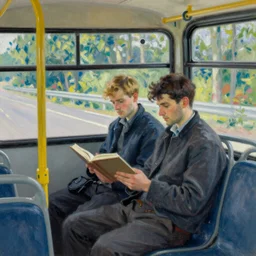 “an impressionist painting of two men sitting on a bus on the highway, both reading a book, one man is blond, the other has dark hair, trees flashing by. In the style of monet”