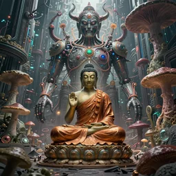 a epic sakyamuni, the founder of buddhism in cyberpunk style temple, struggling in a ruined city full of organic fractal mycelum and fung, super complex and instruct, epic stunning atmosphere, hi - tech synthetic rna bioweapon nanotech demonic monster horror, art by anthony macbain + greg rutkowski + alphonse mucha, concept art, 4 k, sharp focus