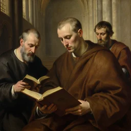 oil matte portrait painting, monks reading books in an old cathedral, detailed faces, wonderful masterpiece highly detailed, beautiful cinematic light deep focus, elegant, digital painting, smooth, sharp focus, golden ratio, dramatic illumination, ultra realistic, 8 k, art by salvator rosa and caravaggio