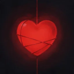 a glowing simple red heart bound by strings in the darkness, digital art, painting