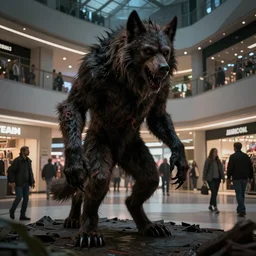 in the style of artgerm, rembrandt, rafael albuquerque, anders zorn, large hairy werewolf in a shopping mall at night, moody lighting, horror scary terror