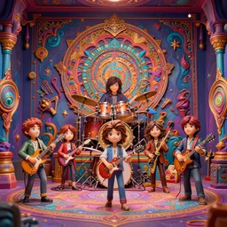 A rock band as Pixar figurines, interior, vibrant, hyperrealistic, Maximalism, mystical, ornate, Intricate