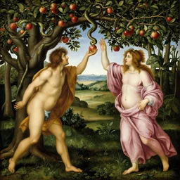 adam and eve reaching for an apple protected by a snake that is hanging from a branch of an apple tree in the garden of eden, ultrarealistic painting by botticelli