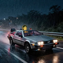 futuristic delorean time machine at night in the rain driving on the highway by greg rutowski, by stanley artgerm, by alphonse mucha