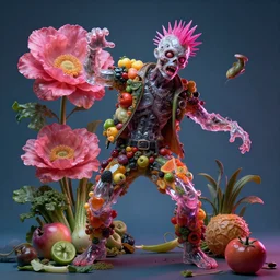 hyper-detailed portrait, punk rock zombie male made out of fruits, vegetables and large flowers in the Baroque style of Arcimboldo, crystalline skin, slamdancing, cinematic lighting, neon pink lighting, large details, dull blue background