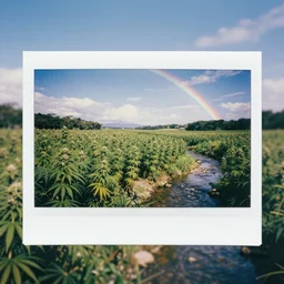 very beautiful polaroid photo of a cannabis field by a stream on a clear day with a rainbow