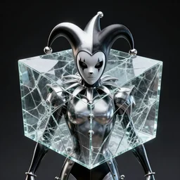 front shot of a court jester character ominous intricate fractal hyper cubes platinum cracked glass dark future metallic robotic holography crystal shard lit edges poly extraordinary detailed concept artstation sharp focus ray tracing cinematic masterpiece fine portrait