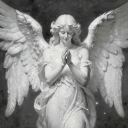 highdetailed hyperrealistic painting of white angel!!! no gender smiling noface!!!, light instead of hands, white sparkles everywhere, 4 k hd face!!!, big silver high detailed wings!!!, renaissance, by jan van eyck, holography space, glow effect, large strokes, monochrome!!!!!, digital painting, large paint strokes, textured oil painting