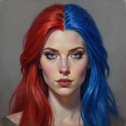a detailed matte oil on canvas head on symmetrical portrait of a distinguished elven woman with separated red and blue hair ( ( ( ( ( makeup ) ) ) ) ) by charlie bowater, lise deharme, wlop, trending on artstationhd, dungeons and dragons art critical role, half and half hair dye, split hair dye, two tone hair dye, dye hair