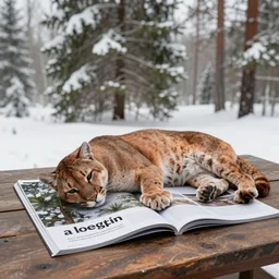magazine showing 'a cougar sleeping in the middle of snowy pine tree' laying on coffee table, zoomed out, HD, iphone screenshot