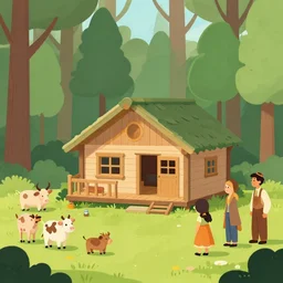 a cabin in the woods with farm animals and friendly people, clash royal style characters, unreal engine 5, octane render, detailed, brawl stars, cinematografic, cinema 4 d, artstation trending