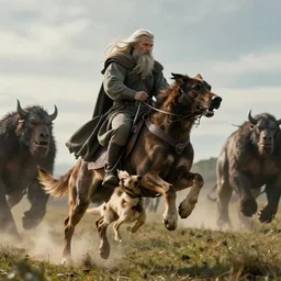 gandalf riding on a dog fighting orcs, hyper realistic, 8 k, cinematic