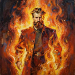 abstract painting of man engulfed in flames, handsome. Bearded. by craig mullins, featured on artstation. Portrait. Soviet era pose
