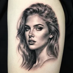 hyper realism tattoo sketch of a beautiful woman face double exposure effect with beautiful mountains, in the style of matteo pasqualin, amazing detail, sharp, faded