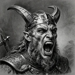 viking warrior screaming face, charcoal drawing, dark art, dark fantasy, detailed and 8k