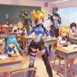 hyper detailed advanced digital anime art, overwatch characters in a classroom during break time
