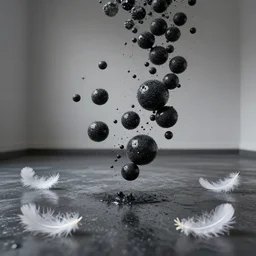 dark black marbles levitating in empty room with wet floor, white feathers on the floor, photography