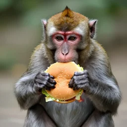 a monkey eating an hamburger