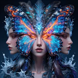 3 d goddess butterfly face portrait, sigma 4 0 0 mm f 4, face in the center, beautiful intricate highly detailed quetzalcoatl feathers. bioluminescent, plasma, lava, ice, milk, galaxy, artwork by tooth wu and wlop and beeple and greg rutkowski, 8 k trending on artstation, volumetric lighting