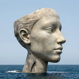 a long shot of a giant human head award winning sculpture on the surface of the ocean, abstract sculpture, in the style of chad knight, hyper detailed, hyper realistic, ray tracing, 8 k resolution, sharp focus