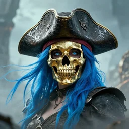 beautiful cinematic poster, a cyberpunk female wearing a gold sugar skull mask and ornate silver pirate hat, brilliant blue flowing hair, beautiful glowing eyes, wideshot ultrawide angle epic scale, hybrid from the elden ring and art direction by darius zawadzki, wayne reynolds artstation ; cinematic quality character render ; low angle ; ultra high quality model, quality cinema model