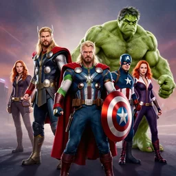 The avengers movie, gremlin as thor, gremlin as captain america, gremlin as hulk, gremlin as black widow, trending on Artstation, 8K, ultra wide angle, pincushion lens effect.