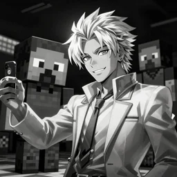 photography of phoenix wright doing a selfie with monokuma in minecraft, black and white, dark, clear