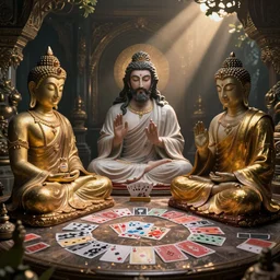 brahma, jesus and the buddha playing a game of cards