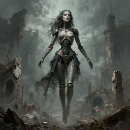 detailed, sharp portrait dreaming humanoid gothic female automata floating above ruined dystopia by Zdzisław Beksiński. digital art. surreal. featured on art station. HD, 8K, highly detailed, good lighting