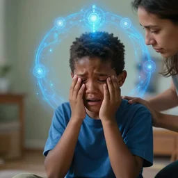 a realistic photograph of a black heartbroken crying boy being guided through his develish thoughts by an astral chakra guide, extremely detailed, 8 k