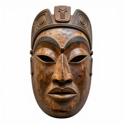 carved wooden tribal mask, photorealistic, isolated on a pure white background, centered, entire object in frame, sharp focus, soft studio lighting
