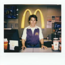 tom cruise working the front counter of mcdonald's ready to take your order, eighties polaroid, flash photography, photorealistic, kodachrome