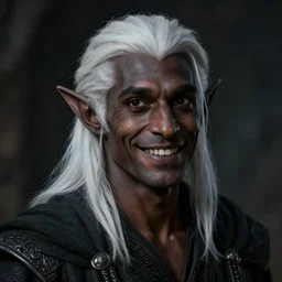 a portrait of a dark drow elf male, medium length white hair, young adult, happy, charcoal color skin, curious, style by donato giancola, wayne reynolds, jeff easley dramatic light, high detail, cinematic lighting, artstation, dungeons and dragons