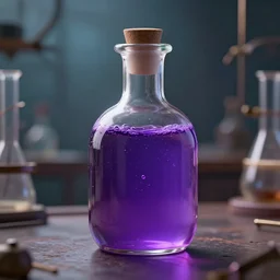 hyper realistic poison bottle, purple liquid inside. background is an ancient laboratory. dnd style, ultra detailed, trending on artstation, concept art, octane render, unreal engine 5, 8 k rendering.