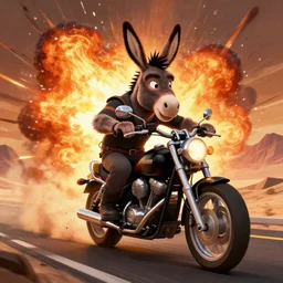 anthropomorphic donkey biker cartoon, with human characteristics, riding a motorcycle, on a desert highway, digital art, epic composition, fantasy, explosion of color, orange and black, highly detailed, in the style of jake parker, in the style of conrad roset, sharp focus