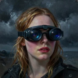 Elle Fanning wearing a night vision goggles in the style of Paola Vetri, head and shoulders portrait, stormy weather, extremely detailed masterpiece, oil on canvas, low-key neon lighting, artstation, Blade Runner 2049, Roger Deakin’s cinematography, by J. C. Leyendecker and Peter Paul Rubens and Edward Hopper and Michael Sowa,