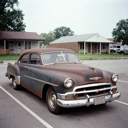 A photograph of an old rusty Buick parked in the parking lot of an small mid-western town by William Eggleston. 35mm film.