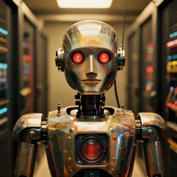 1 9 7 9 a soviet movie still a russian shiny metallic robot in a warm light server room, a character portrait by nadya rusheva, perfect symmetric coherent face, featured on cg society, neo - fauvism, movie still, 8 k, fauvism, cinestill, bokeh, gelios lens